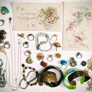 Vintage Group Of Fun Necklaces Bracelets Rings Old Cards Retro Fashion Shab Chic